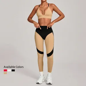 Women's two-piece yoga set featuring beige halter sports bra and color-block leggings