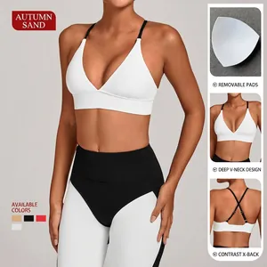 Weißer Sport-BH mit V-Ausschnitt und High-Waist-Leggings im Farbblock-Design für Damen