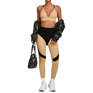 Women's two-piece yoga set with khaki v-neck bra and color block leggings and jacket