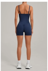 Vue arrière du body de yoga bleu foncé avec design froncé aux fesses et fines bretelles