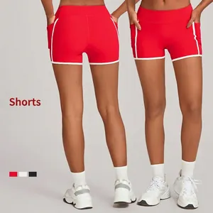 Short de Yoga Taille Haute pour Femmes Poches Latérales Liseré Contrastant Bas de Fitness Extensible Short de Course de Gym