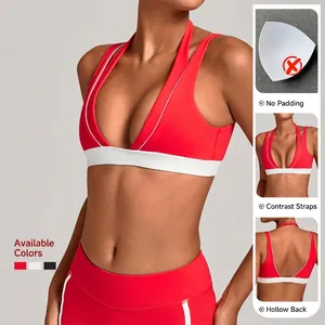 Soutien-gorge de yoga rouge à licou avec bordure blanche et dos ajouré fitness