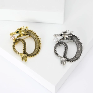 Vintage Alloy Dragon Brooch With Faux Artificial Pearl And Rhinestone Chinese Style Retro Lapel Pin For Men Women Suit Jacket Accessory