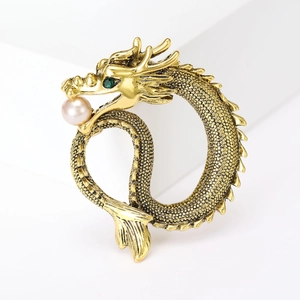 Vintage gold dragon brooch with pearl and green gemstone eye for men suits