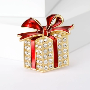 Cute Christmas gift box brooch with red enamel bow and sparkling rhinestones for jackets