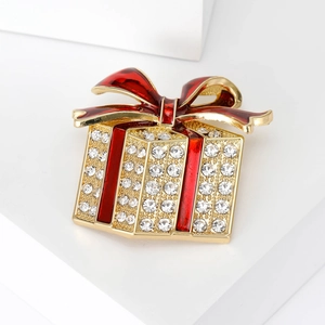 Creative Christmas gift box brooch with red enamel bow and sparkling white rhinestones