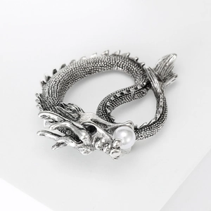 Vintage silver dragon brooch with detailed scales and pearl accent for men suits