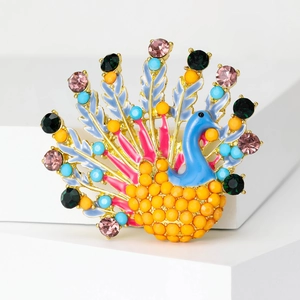 Broche Paon Colorée Vintage pour Femmes Alliage Strass Animal Épingle de Revers Élégant Mariage Banquet Bijoux Accessoire