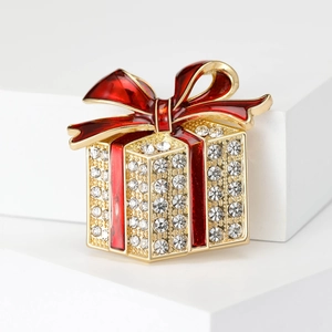 Creative enamel Christmas gift box brooch with red bow and sparkling rhinestones