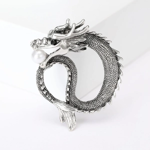Vintage silver dragon brooch with white pearl detail for men's suit jacket accessory