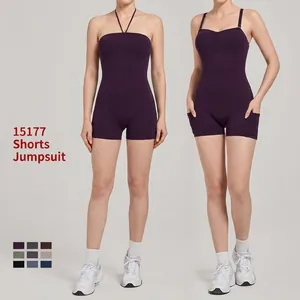 Combinaison de Yoga une Pièce pour Femmes Nylon Élasthanne Plis Rehausse Fessiers Body de Fitness Sans Manches Avec Poches