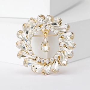 Vintage gold crystal wreath brooch with sparkling waterdrop rhinestone pendant for women
