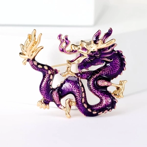 Detailed close-up of purple enamel Chinese dragon brooch with elegant golden metal scales