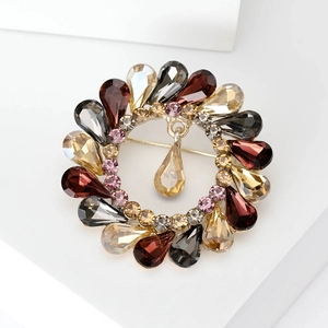 Vintage gold crystal wreath brooch with multi-color rhinestones and hanging pendant