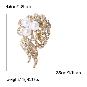 Elegant floral alloy brooch with white pearls and sparkling rhinestones for women