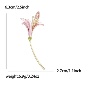 Elegant pink lily flower brooch with gold plating for women, sized 6.3cm by 2.7cm