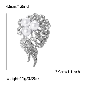Elegant floral silver alloy brooch with white pearls and sparkling crystals for women