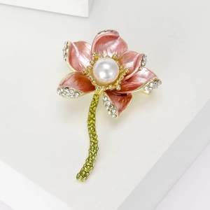 Elegant lotus flower brooch with pink enamel petals, white pearl and sparkling crystals