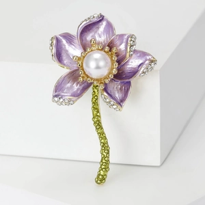 Elegant purple lotus flower brooch with white pearl and sparkling crystal accents