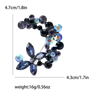 Spilla a luna e fiore in cristallo con strass, 4.7x4.3cm, gioiello di moda da 16 grammi