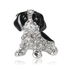 Broche chien tendance en strass avec émail noir et blanc et finition en alliage argenté