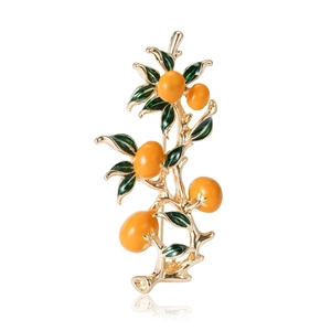 Elegant Persimmon brooch with gold alloy branches and orange enamel fruit on white base