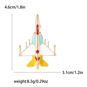 Matte enamel fighter jet brooch with dimensions 4.6cm x 3.1cm on white background