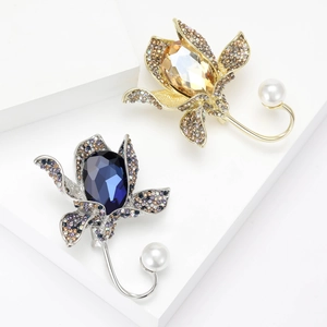 Vintage Elegant Orchid Flower Brooch Alloy Crystal Colorful Rhinestone Brooch With Imitation Pearl Wedding Banquet Jewelry For Women