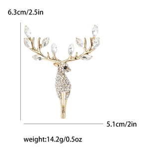 Golden elk reindeer brooch with marquise stones and crystal pavé on white background