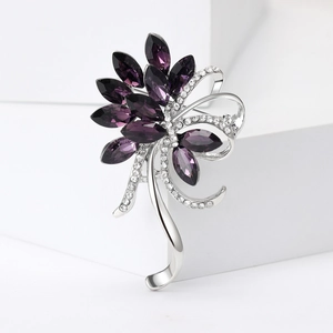 Elegant silver bauhinia brooch with purple marquise crystals and pavé diamonds