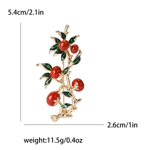 Classic Chinese style golden plant brooch with red berries and green leaves, 5.4cm height