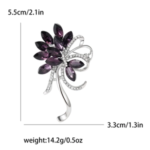 Elegant silver bauhinia brooch with purple rhinestones and white crystals for suits