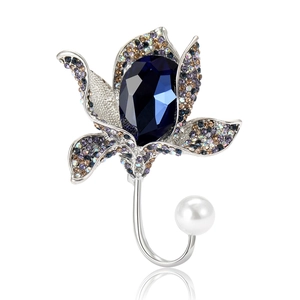 Elegant floral brooch with deep blue crystal teardrop and pearl accents on silver finish
