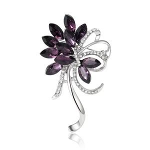 Elegant purple crystal bauhinia flower brooch with silver ribbon and micro-inlaid rhinestones