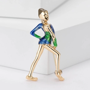 Artistic gymnast brooch in gold finish with blue and green enamel for party dresses
