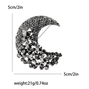 Eleganter Mondsichel Brosche mit schwarzen Strasssteinen auf Silberbasis, 5cm Größe
