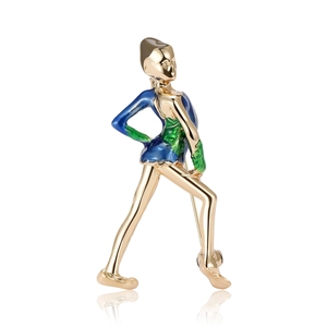 Elegant gold gymnast brooch with blue and green enamel for party fashion accessory