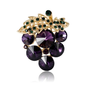 Elegant purple rhinestone grape brooch with green crystal leaves in gold setting