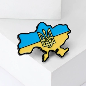 Broche émaillée carte de l'Ukraine aux couleurs du drapeau et symbole de trident doré