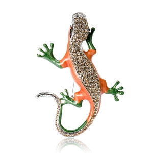 Vintage orange and green enamel lizard brooch with sparkling brown rhinestones