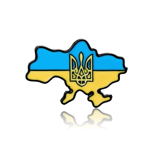 Broche carte d'Ukraine en émail bleu et jaune avec l'emblème doré du trident national