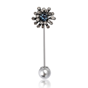 Elegant floral flower brooch with blue crystal and grey pearl in silver finish