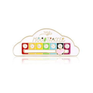 Cloud-shaped enamel mood tracker brooch with moving pink heart slider and gold text