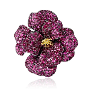 Exquisite camellia flower brooch encrusted with deep rose red zircons and gold center