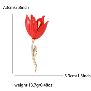 Elegant red enamel tulip brooch in gold metal finish with 7.3cm height dimension