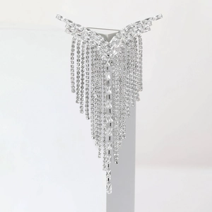 Elegant silver Y-shaped rhinestone tassel brooch with shimmering crystal waterfall chains