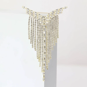 Elegant Y-shaped gold fringe brooch with sparkling rhinestones for women's dress decor