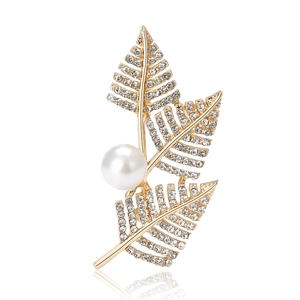 Elegant gold leaf brooch with white faux pearl and sparkling rhinestones for women