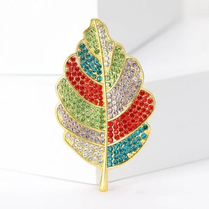 Broche Feuille en Alliage de Mode pour Femmes Incrustée de Strass Colorés Épinglette de Plante Botanique Plaquée Or Bijoux Décoratifs
