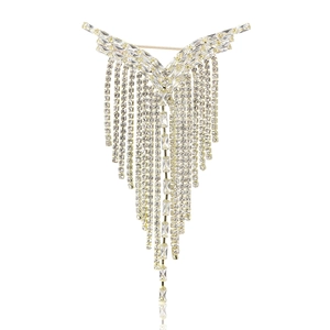 Elegant gold V-shaped tassel brooch with sparkling rhinestones for luxury evening wear